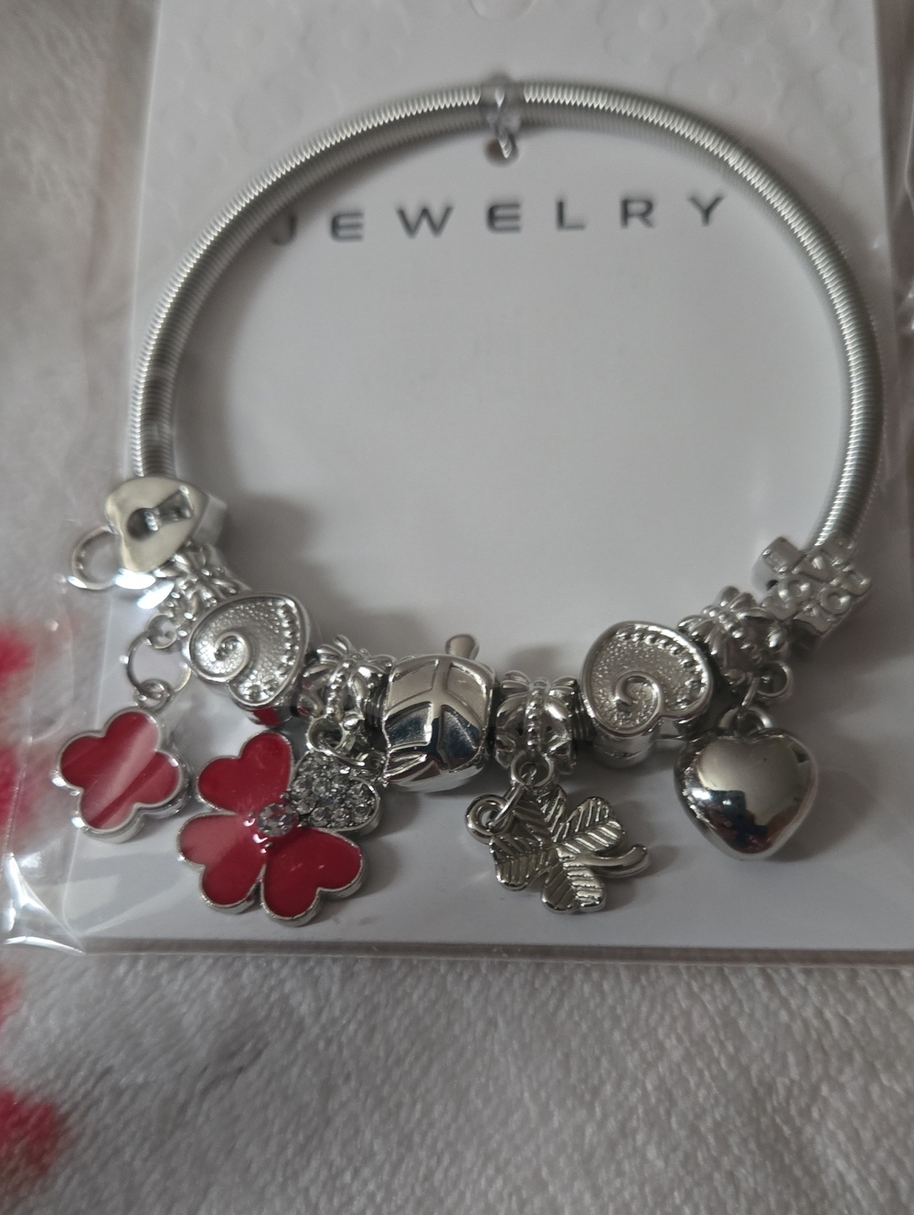 Silver And Red Clover Charm Bracelet